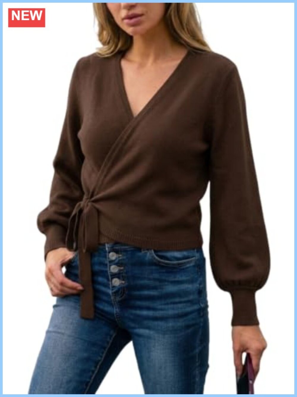 Women's Wrap Sweater Tie Front Cropped Cardigan Lantern Sleeve Top